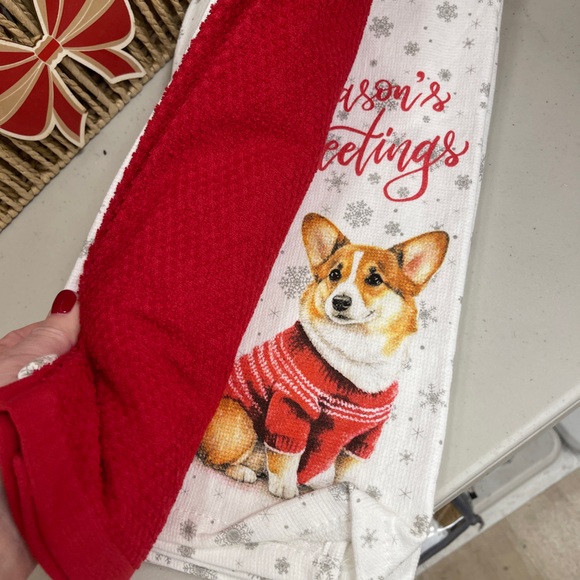 Christmas Corgi Dogs Holiday Kitchen Season’s Greeting Red Towel Set of 3 NWT - Picture 3 of 5